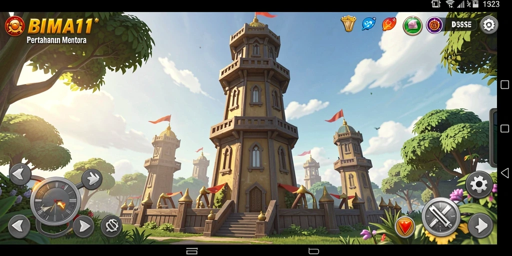 Tampilan gameplay BIMA11 menampilkan menara perang yang beragam dan aksi seru.
